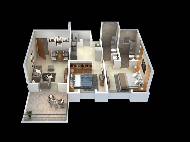 Floor plan of 2 BHK 904 Sq. Ft. Apartment in KJ Tower, Pune