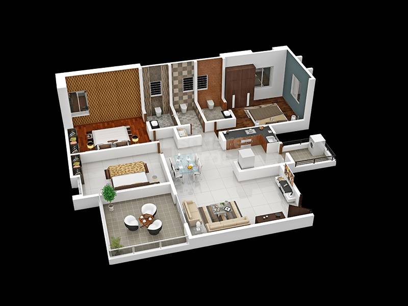 Floor plan of 3 BHK 914 Sq. Ft. Apartment in KJ Tower, Pune