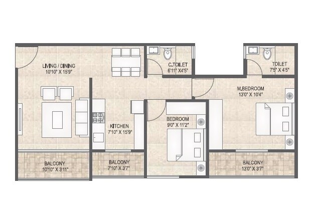 Floor plan of 2 BHK 793 Sq. Ft. Apartment in KK Mangalam Emerald, Pune
