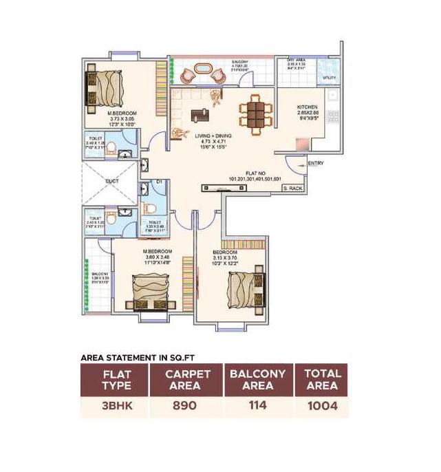 Floor plan of 3 BHK 1004 Sq. Ft. Apartment in KK Mangalam Emerald, Pune