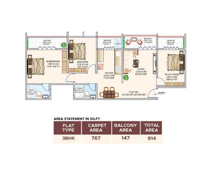 Floor plan of 3 BHK 914 Sq. Ft. Apartment in KK Mangalam Emerald, Pune