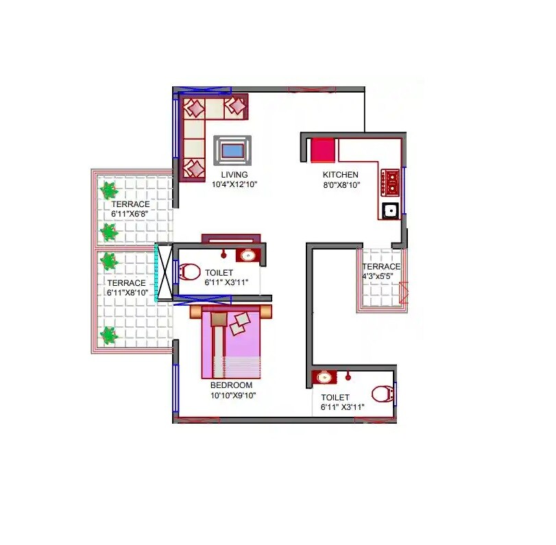 Floor plan of 1 BHK 480 Sq. Ft. Apartment in KK Marks, Pune