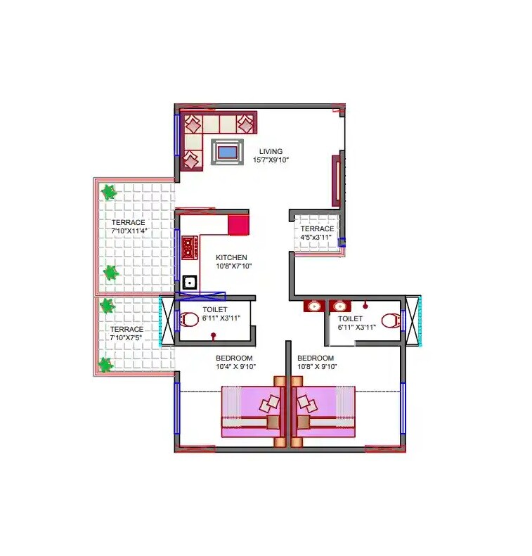 Floor plan of 2 BHK 809 Sq. Ft. Apartment in KK Marks, Pune