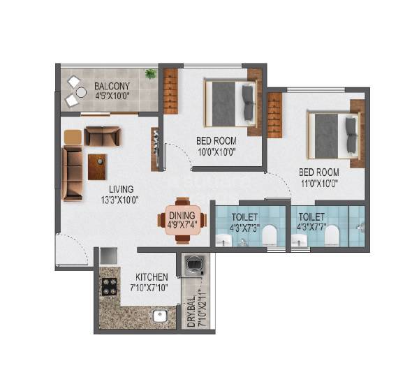 Floor plan of 2 BHK 638 Sq. Ft. Apartment in KK Sai Icon Hinjewadi, Pune
