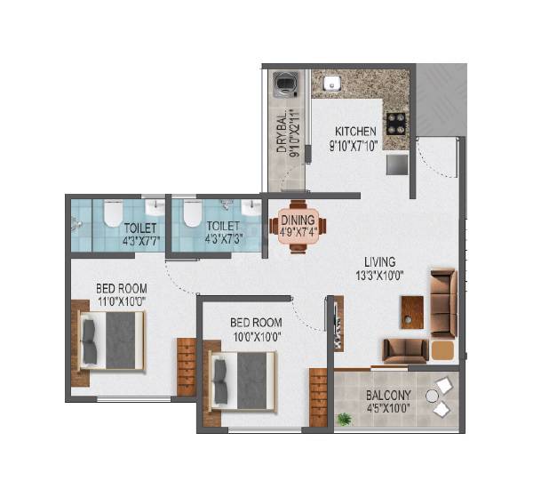 Floor plan of 2 BHK 708 Sq. Ft. Apartment in KK Sai Icon Hinjewadi, Pune