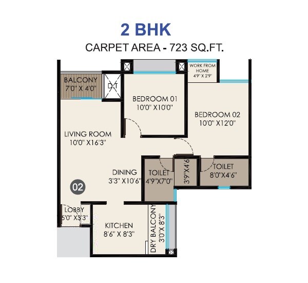 Floor plan of 2 BHK 723 Sq. Ft. Apartment in KK Tathastu, Pune