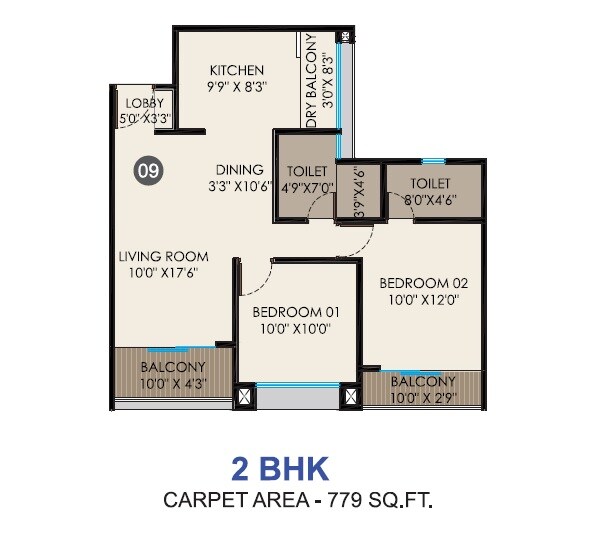 Floor plan of 2 BHK 779 Sq. Ft. Apartment in KK Tathastu, Pune