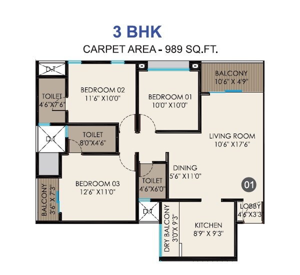 Floor plan of 3 BHK 989 Sq. Ft. Apartment in KK Tathastu, Pune