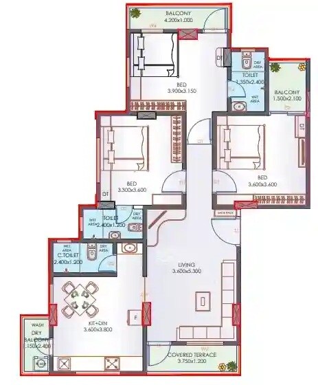 Floor plan of 2 BHK 1502 Sq. Ft. Apartment in KLS Avaneesh, Pune