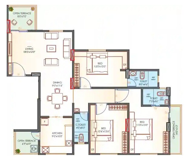 Floor plan of 3 BHK 1618 Sq. Ft. Apartment in KLS Avaneesh, Pune