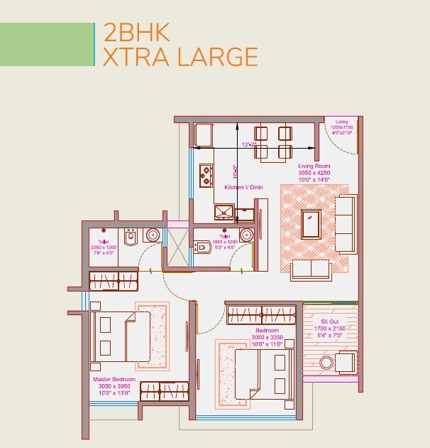 Floor plan of 2 BHK 630 Sq. Ft. Apartment in KLS Supremus, Pune