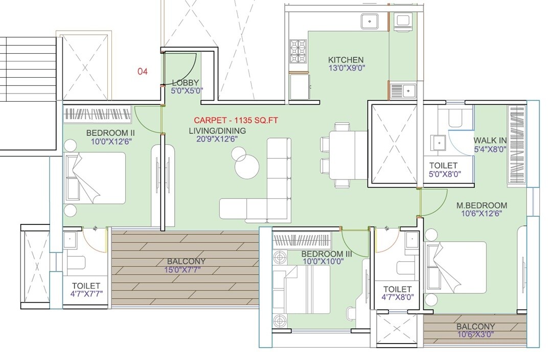 Floor plan of 4 BHK 1600 Sq. Ft. Apartment in Knest Capri, Pune