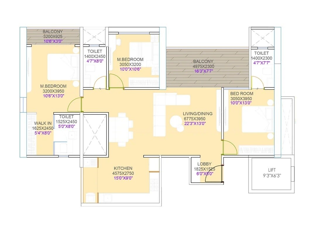 Floor plan of 3 BHK 1800 Sq. Ft. Apartment in Knest Capri, Pune