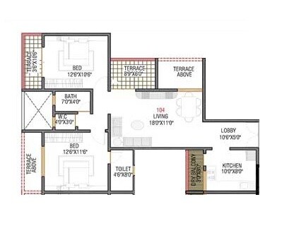 Floor plan of 2 BHK 925 Sq. Ft. Apartment in KNK Yashshree Residency, Pune