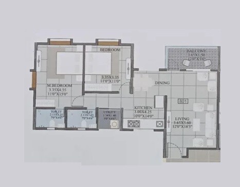Floor plan of 2 BHK 785 Sq. Ft. Apartment in Kodre Blossom Park, Pune