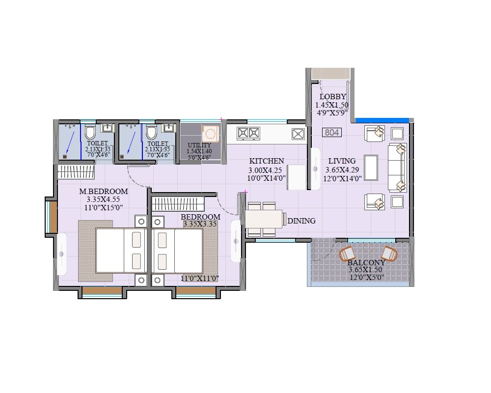 2 BHK 809 Sq. Ft. Apartment