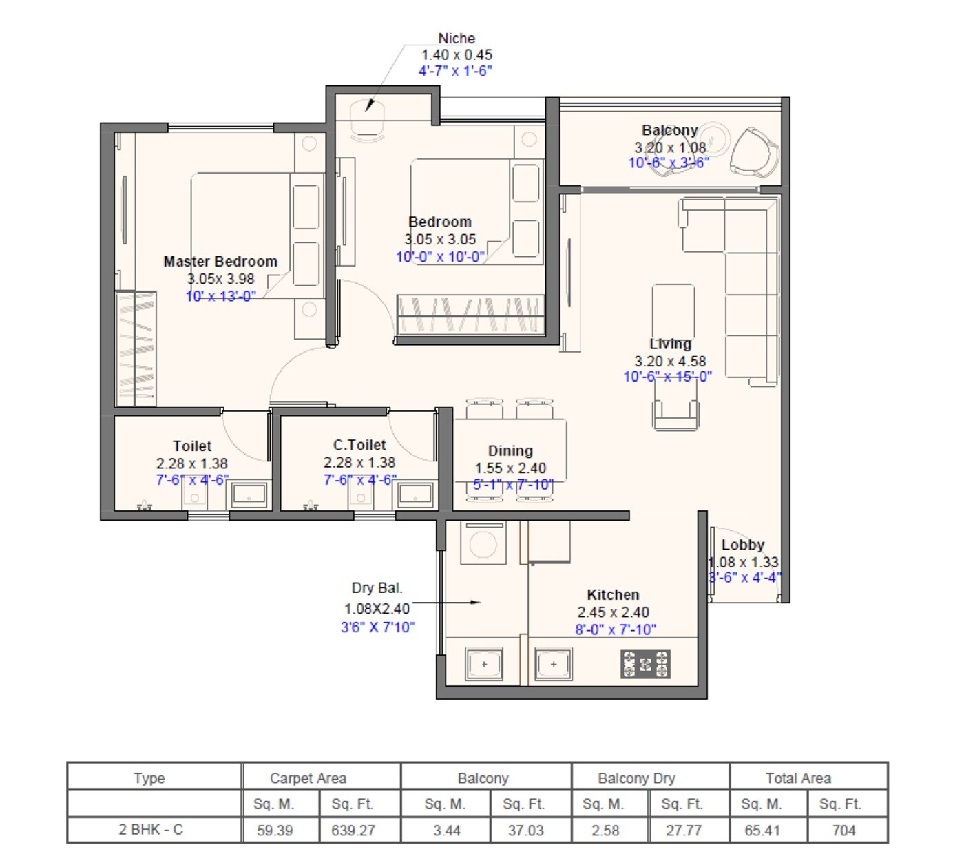 Floor plan of 2 BHK 704 Sq. Ft. Apartment in Kohinoor Anantara, Pune