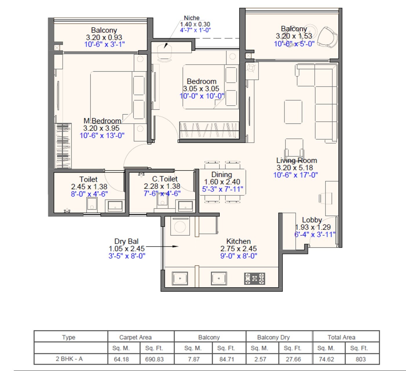 2 BHK 803 Sq. Ft. Apartment