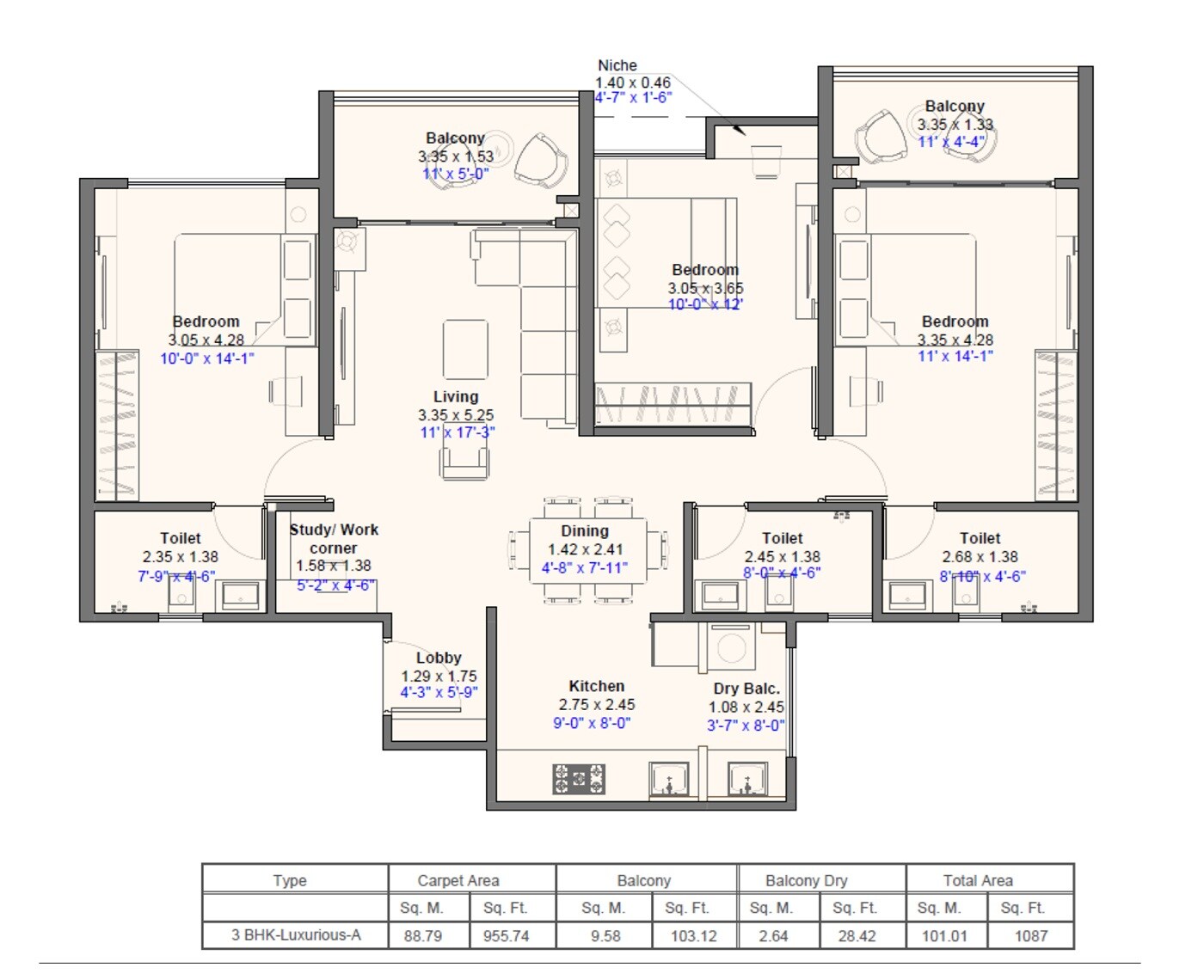 Floor plan of 3 BHK 1087 Sq. Ft. Apartment in Kohinoor Anantara, Pune