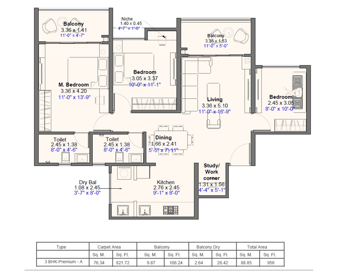 3 BHK 956 Sq. Ft. Apartment