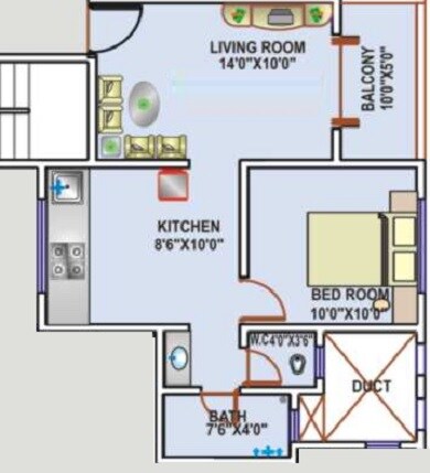 Floor plan of 1 BHK 407 Sq. Ft. Apartment in Kohinoor Begonia Phase III, Pune