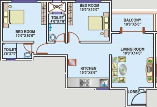 Floor plan of 2 BHK 624 Sq. Ft. Apartment in Kohinoor Begonia Phase III, Pune