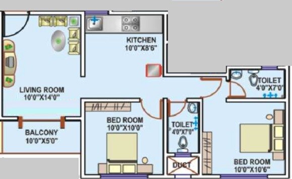 Floor plan of 2 BHK 639 Sq. Ft. Apartment in Kohinoor Begonia Phase III, Pune