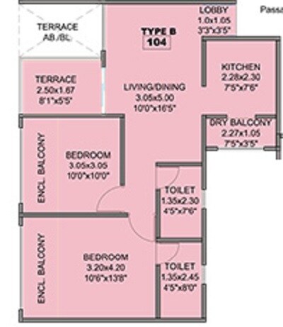 Floor plan of 2 BHK 520 Sq. Ft. Apartment in Kohinoor Coral Phase 3, Pune