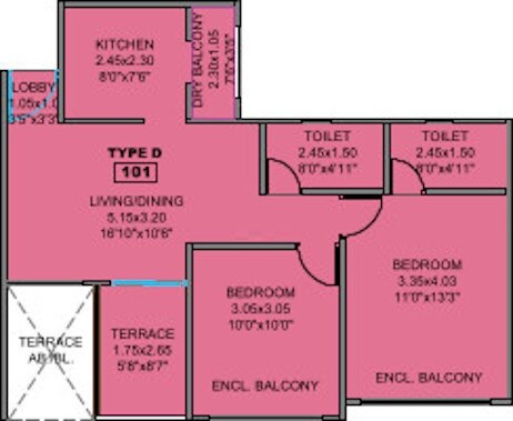 Floor plan of 2 BHK 560 Sq. Ft. Apartment in Kohinoor Coral Phase 3, Pune