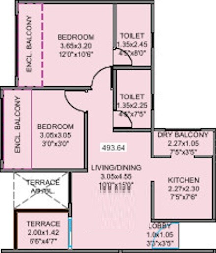 Floor plan of 2 BHK 494 Sq. Ft. Apartment in Kohinoor Coral Phase 3, Pune