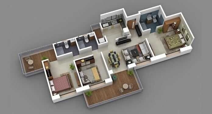 Floor plan of 3 BHK 1332 Sq. Ft. Apartment in Kohinoor Grandeur, Pune