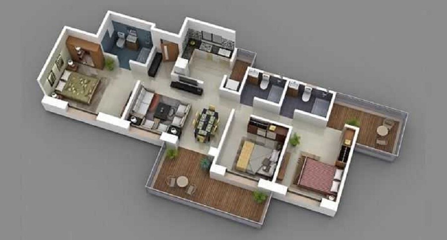 Floor plan of 3 BHK 1641 Sq. Ft. Apartment in Kohinoor Grandeur, Pune