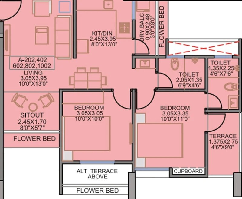 Floor plan of 2 BHK 550 Sq. Ft. Apartment in Kohinoor Jeeva, Pune