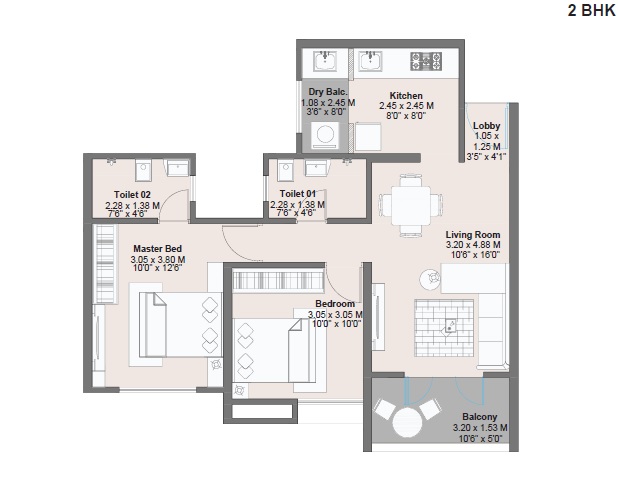 2 BHK 696 Sq. Ft. Apartment in Kohinoor Kaleido