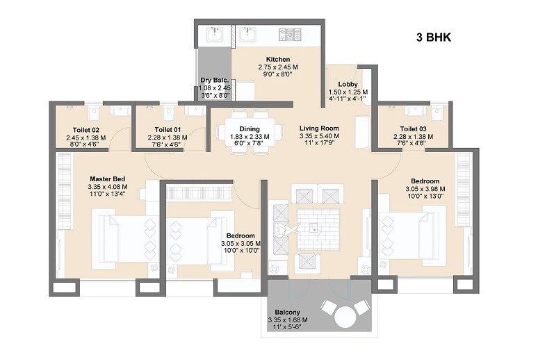 3 BHK 900 Sq. Ft. Apartment