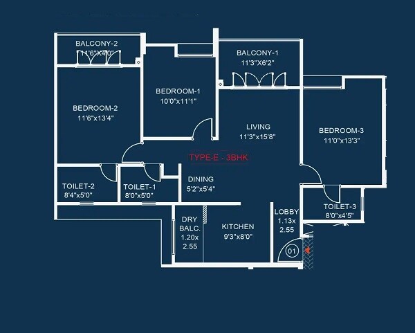 Floor plan of 3 BHK 940 Sq. Ft. Apartment in Kohinoor Presidentia, Pune