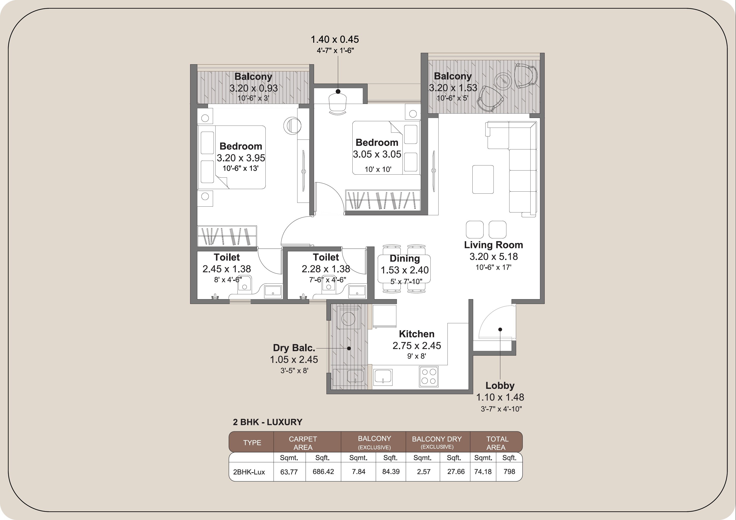 2 BHK 800 Sq. Ft. Apartment