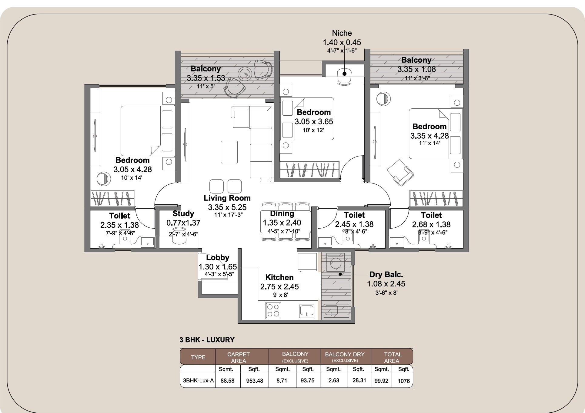 3 BHK 1076 Sq. Ft. Apartment