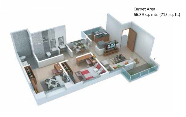 Floor plan of 2 BHK 715 Sq. Ft. Apartment in Kohinoor Reina, Pune