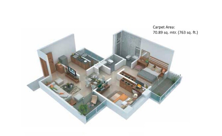 Floor plan of 2 BHK 763 Sq. Ft. Apartment in Kohinoor Reina, Pune
