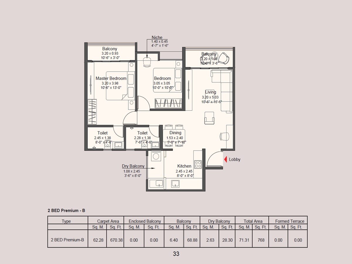 Floor plan of 2 BHK 670 Sq. Ft. Apartment in Kohinoor Royale Towers, Pune
