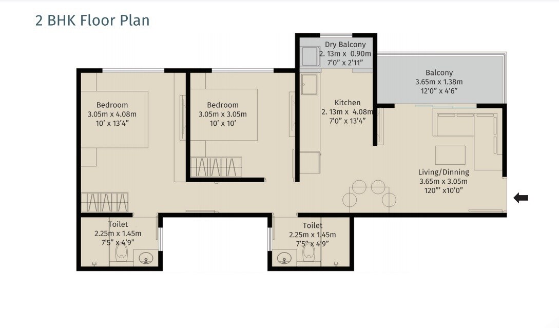 Floor plan of 2 BHK 549 Sq. Ft. Apartment in Kohinoor Sapphire 2, Pune