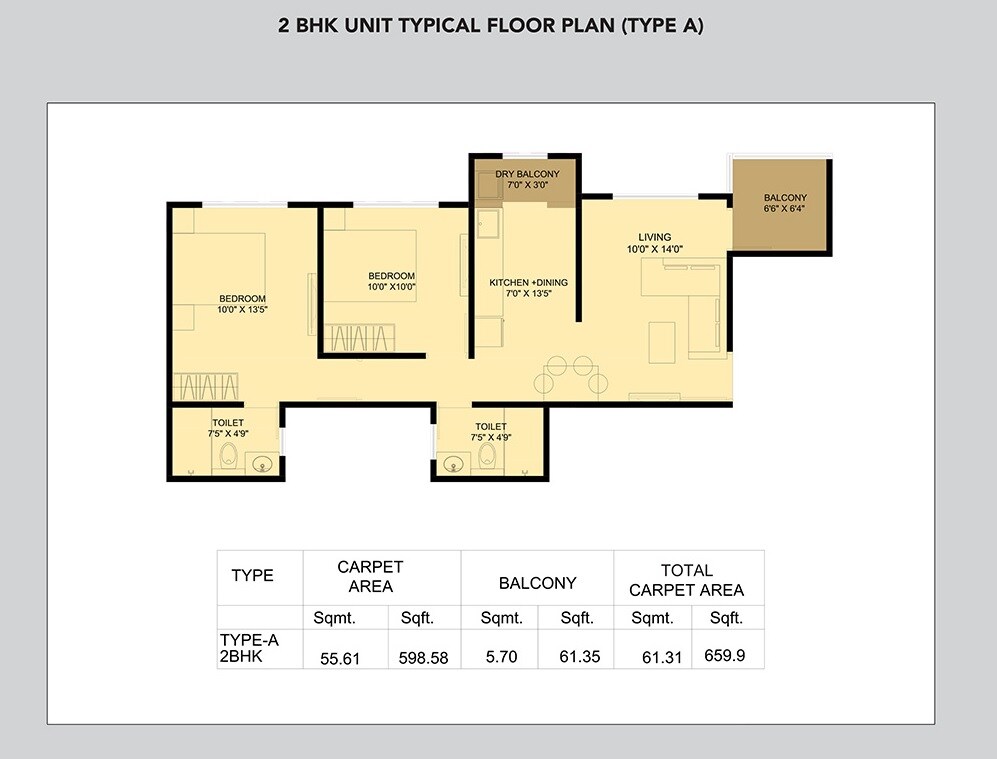 Floor plan of 2 BHK 660 Sq. Ft. Apartment in Kohinoor Sapphire 2, Pune