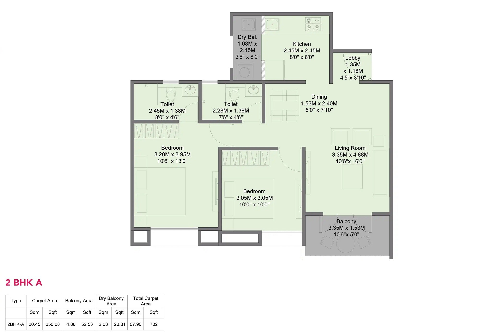 2 BHK 651 Sq. Ft. Apartment