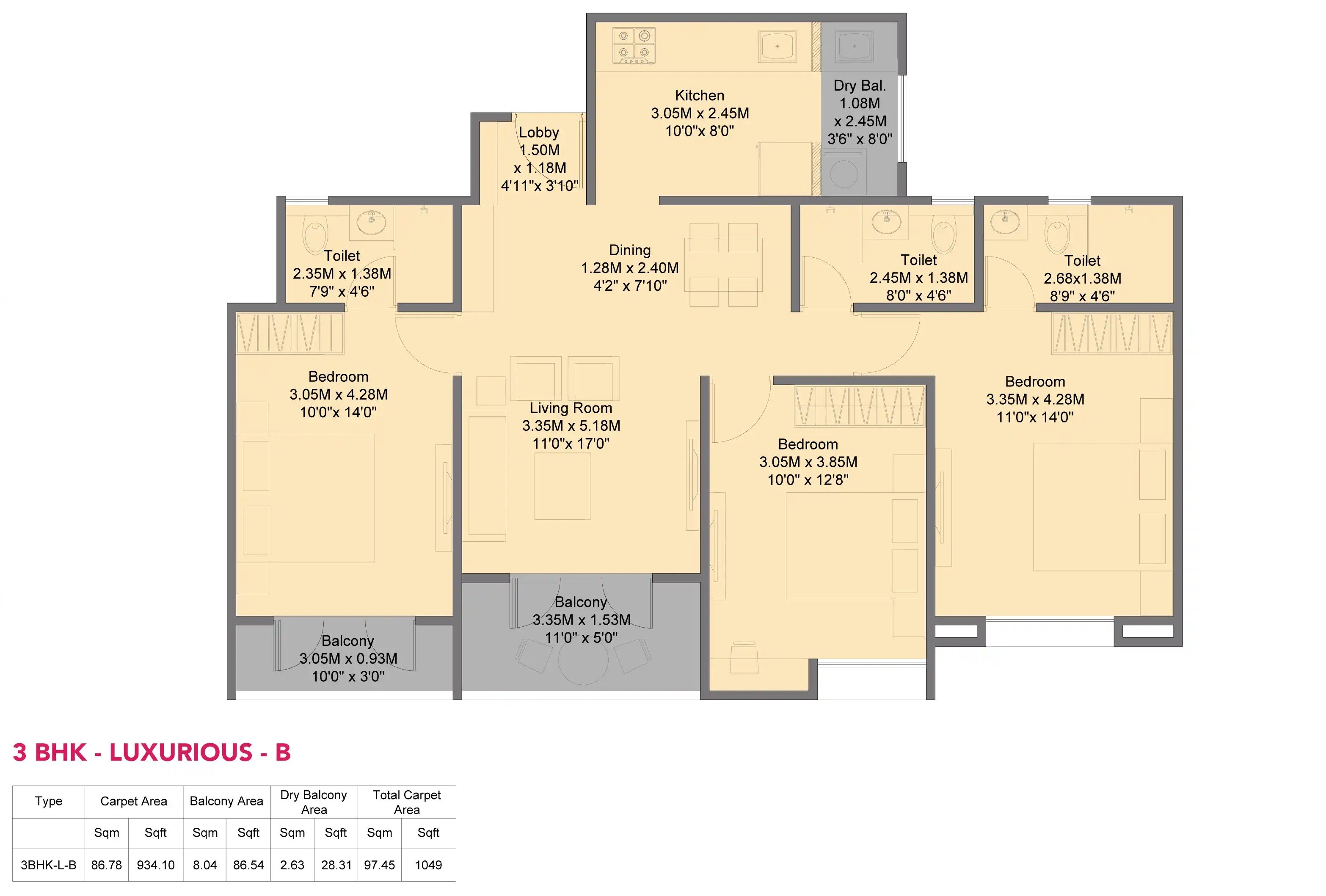 3 BHK 934 Sq. Ft. Apartment