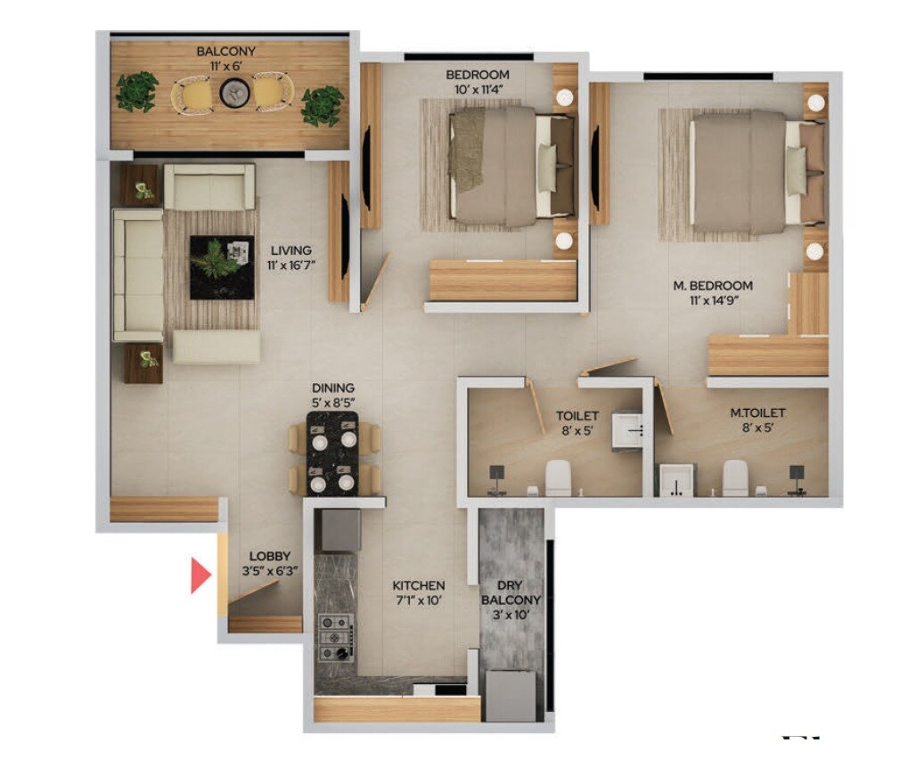 Floor plan of 2 BHK 800 Sq. Ft. Apartment in Kohinoor Saras Nagar, Pune