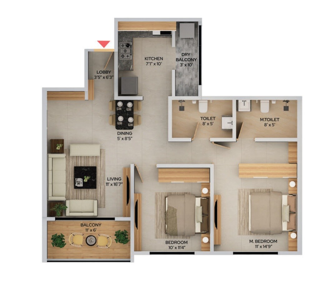 Floor plan of 2 BHK 850 Sq. Ft. Apartment in Kohinoor Saras Nagar, Pune