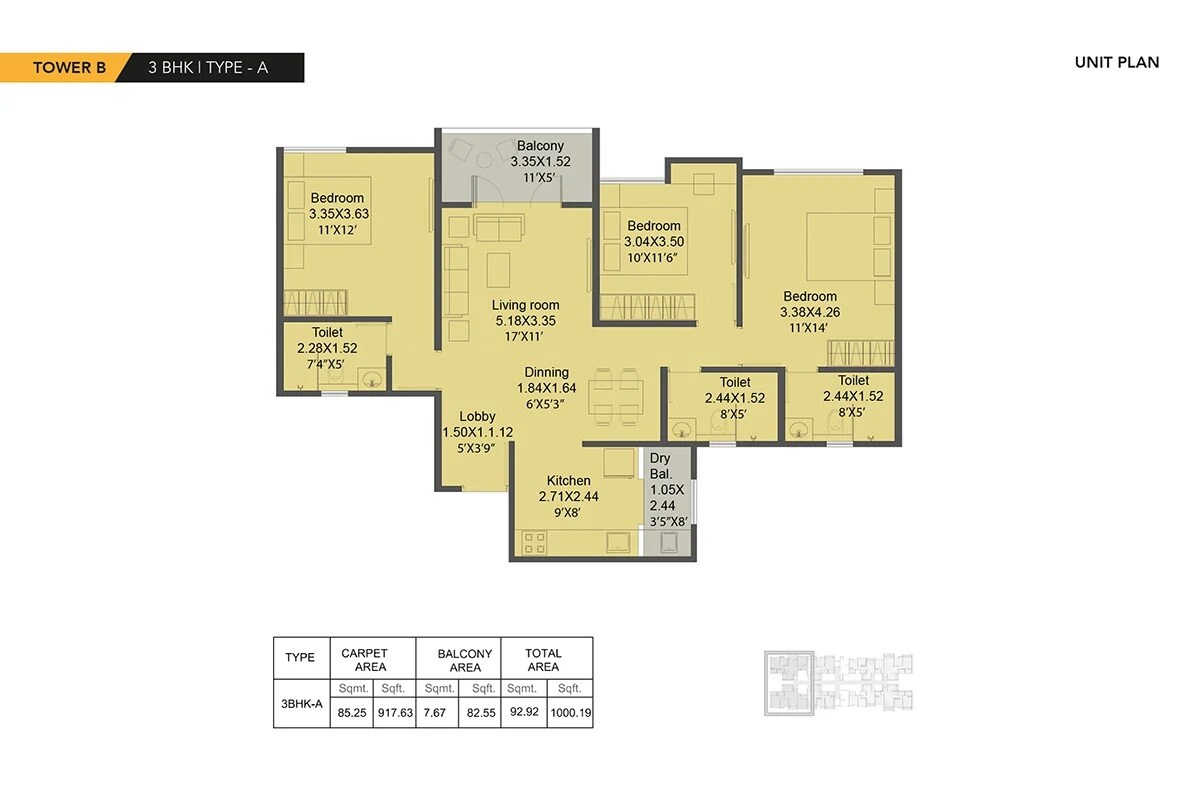 Floor plan of 3 BHK 1000 Sq. Ft. Apartment in Kohinoor Shangrila, Pune