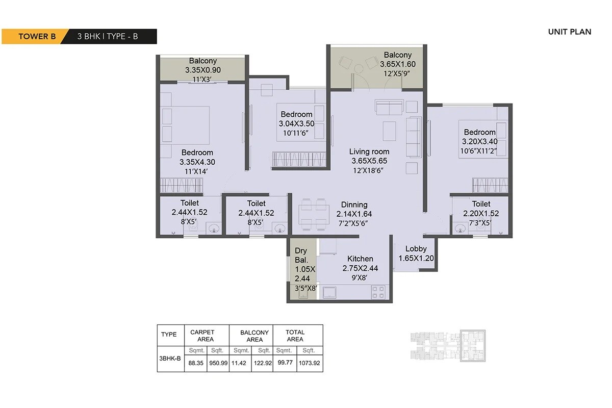 Floor plan of 3 BHK 1074 Sq. Ft. Apartment in Kohinoor Shangrila, Pune