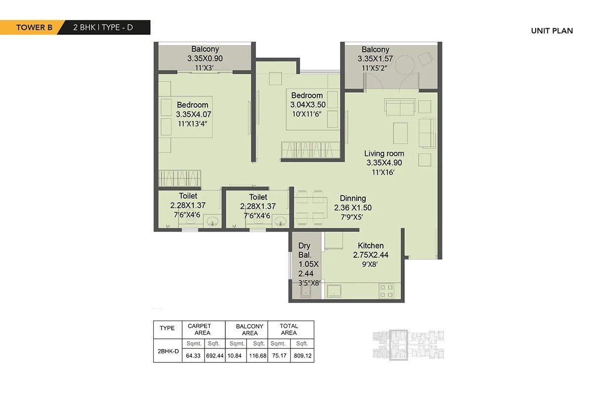Floor plan of 2 BHK 809 Sq. Ft. Apartment in Kohinoor Shangrila, Pune